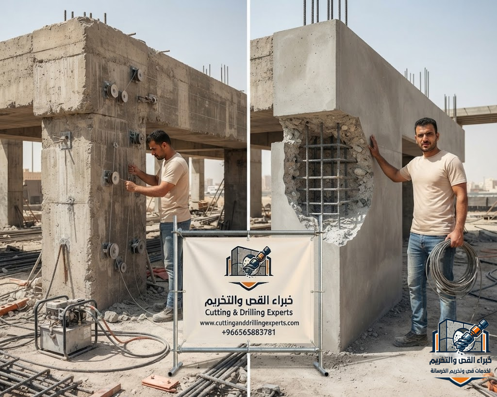 قص كتل خرسانية كبيرة بالواير الماسي في جدة باستخدام أحدث معدات القص الدقيق للحفاظ على سلامة المنشآت